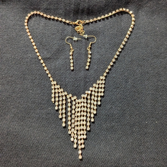 Gold Tone Clear Rhinestone Bib Style Statement Necklace and Earrings Set - Picture 1 of 5